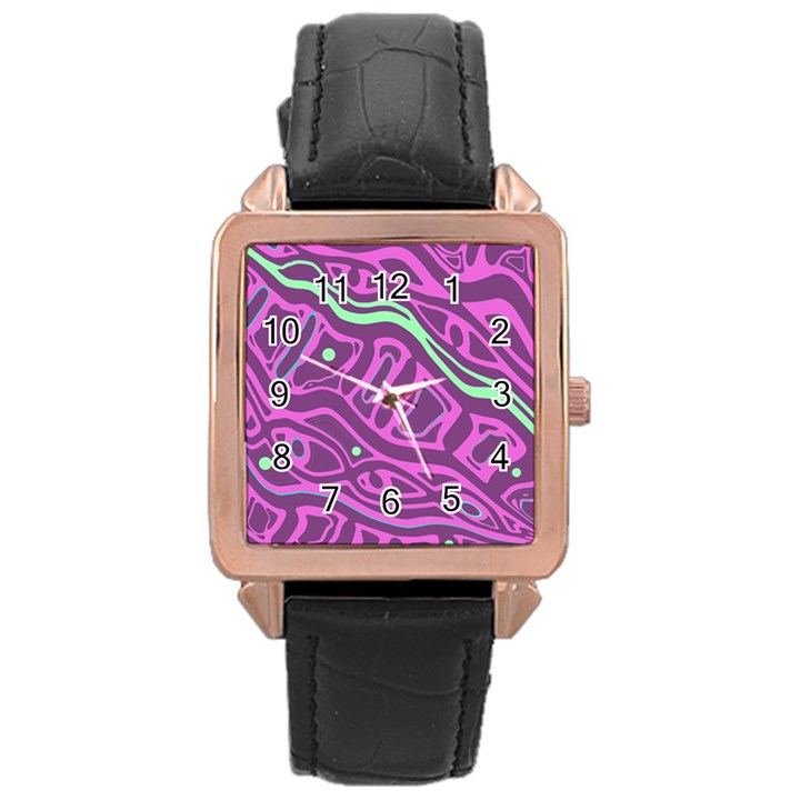 Purple and green abstract art Rose Gold Leather Watch 