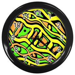 Yellow, Green And Oragne Abstract Art Wall Clocks (black) by Valentinaart