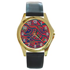 Red and green abstract art Round Gold Metal Watch