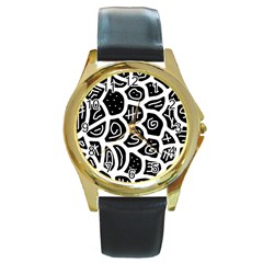 Black And White Playful Design Round Gold Metal Watch by Valentinaart