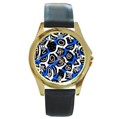 Blue Playful Design Round Gold Metal Watch by Valentinaart