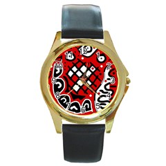 Red High Art Abstraction Round Gold Metal Watch by Valentinaart