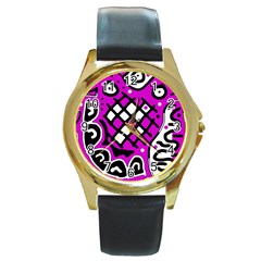 Magenta High Art Abstraction Round Gold Metal Watch