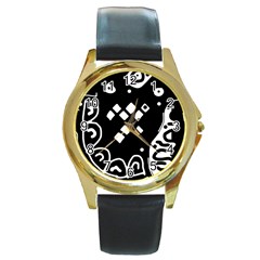 Black And White High Art Abstraction Round Gold Metal Watch