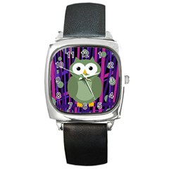 Green and purple owl Square Metal Watch