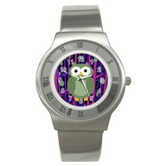 Green and purple owl Stainless Steel Watch