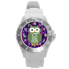 Green and purple owl Round Plastic Sport Watch (L)