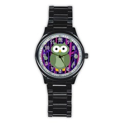 Green And Purple Owl Stainless Steel Round Watch by Valentinaart