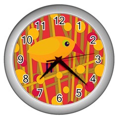 Yellow Bird Wall Clocks (silver)  by Valentinaart