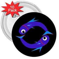 Blue Fishes 3  Buttons (10 Pack) 