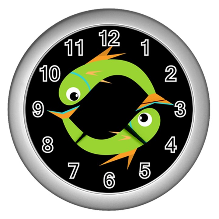 Green fishes Wall Clocks (Silver) 