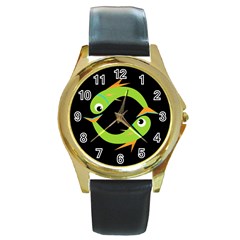 Green Fishes Round Gold Metal Watch