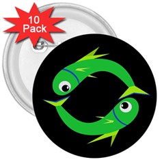 Green Fishes 3  Buttons (10 Pack) 