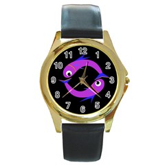 Purple Fishes Round Gold Metal Watch