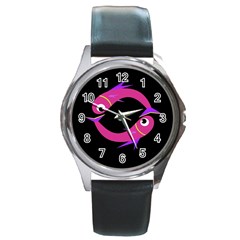 Magenta Fishes Round Metal Watch