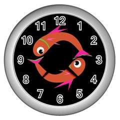 Orange Fishes Wall Clocks (silver)  by Valentinaart