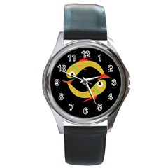 Yellow Fishes Round Metal Watch