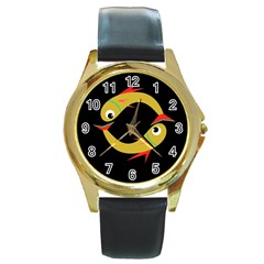 Yellow Fishes Round Gold Metal Watch by Valentinaart