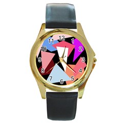 Colorful Geometrical Design Round Gold Metal Watch by Valentinaart