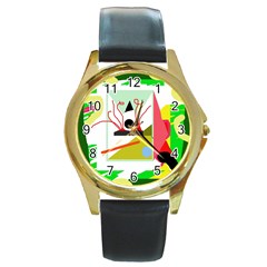 Green Abstract Artwork Round Gold Metal Watch