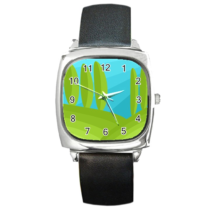 Green and blue landscape Square Metal Watch