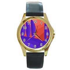 Purple And Orange Landscape Round Gold Metal Watch