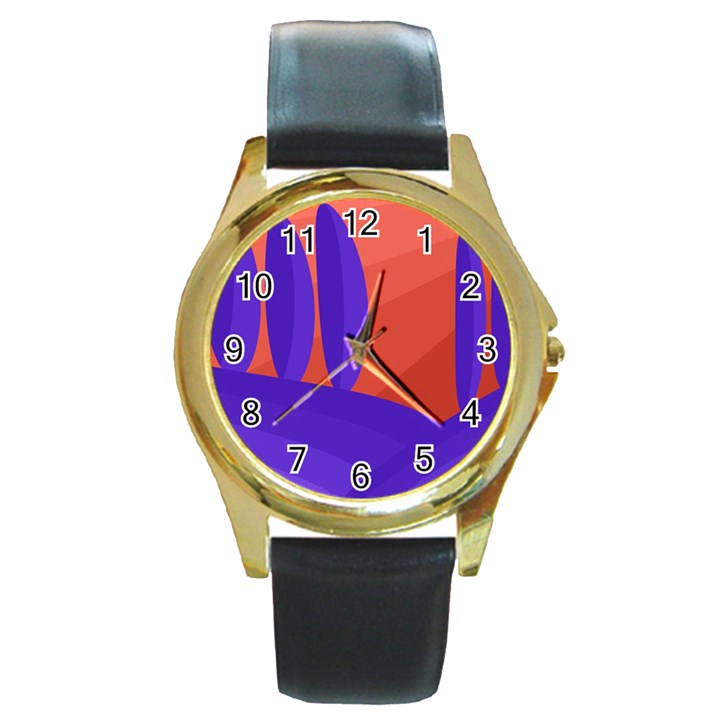 Purple and orange landscape Round Gold Metal Watch