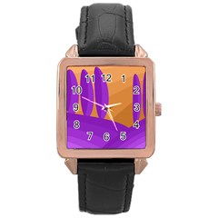 Orange and purple landscape Rose Gold Leather Watch 