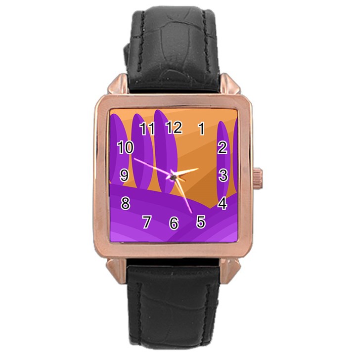 Orange and purple landscape Rose Gold Leather Watch 