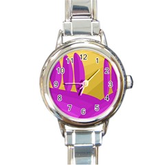 Yellow And Magenta Landscape Round Italian Charm Watch by Valentinaart