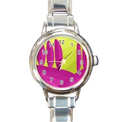 Yellow And Pink Landscape Round Italian Charm Watch by Valentinaart