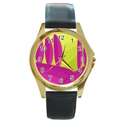 Yellow And Pink Landscape Round Gold Metal Watch