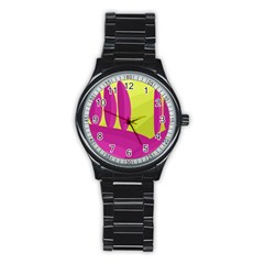 Yellow And Pink Landscape Stainless Steel Round Watch