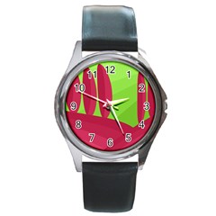 Green And Red Landscape Round Metal Watch by Valentinaart