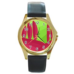 Green And Red Landscape Round Gold Metal Watch by Valentinaart