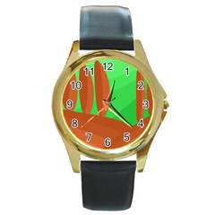 Green And Orange Landscape Round Gold Metal Watch