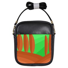 Green And Orange Landscape Girls Sling Bags by Valentinaart