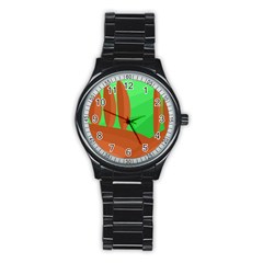 Green And Orange Landscape Stainless Steel Round Watch by Valentinaart