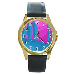 Pink And Blue Landscape Round Gold Metal Watch by Valentinaart