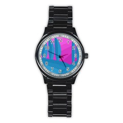 Pink And Blue Landscape Stainless Steel Round Watch by Valentinaart