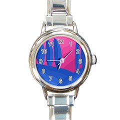 Magenta And Blue Landscape Round Italian Charm Watch by Valentinaart