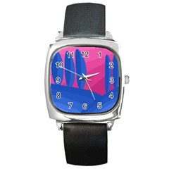 Magenta And Blue Landscape Square Metal Watch