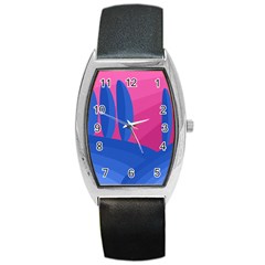 Magenta And Blue Landscape Barrel Style Metal Watch