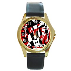 Red, Black And White Chaos Round Gold Metal Watch