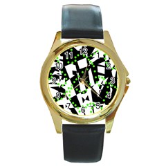 Black, White And Green Chaos Round Gold Metal Watch by Valentinaart