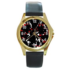 Black, Red And White Chaos Round Gold Metal Watch by Valentinaart