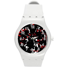 Black, Red And White Chaos Round Plastic Sport Watch (m)