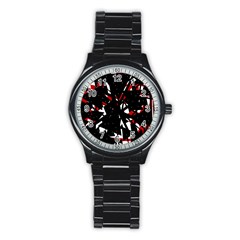 Black, Red And White Chaos Stainless Steel Round Watch