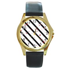 Elegant Black, Red And White Lines Round Gold Metal Watch by Valentinaart