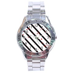 Elegant Black, Red And White Lines Stainless Steel Analogue Watch